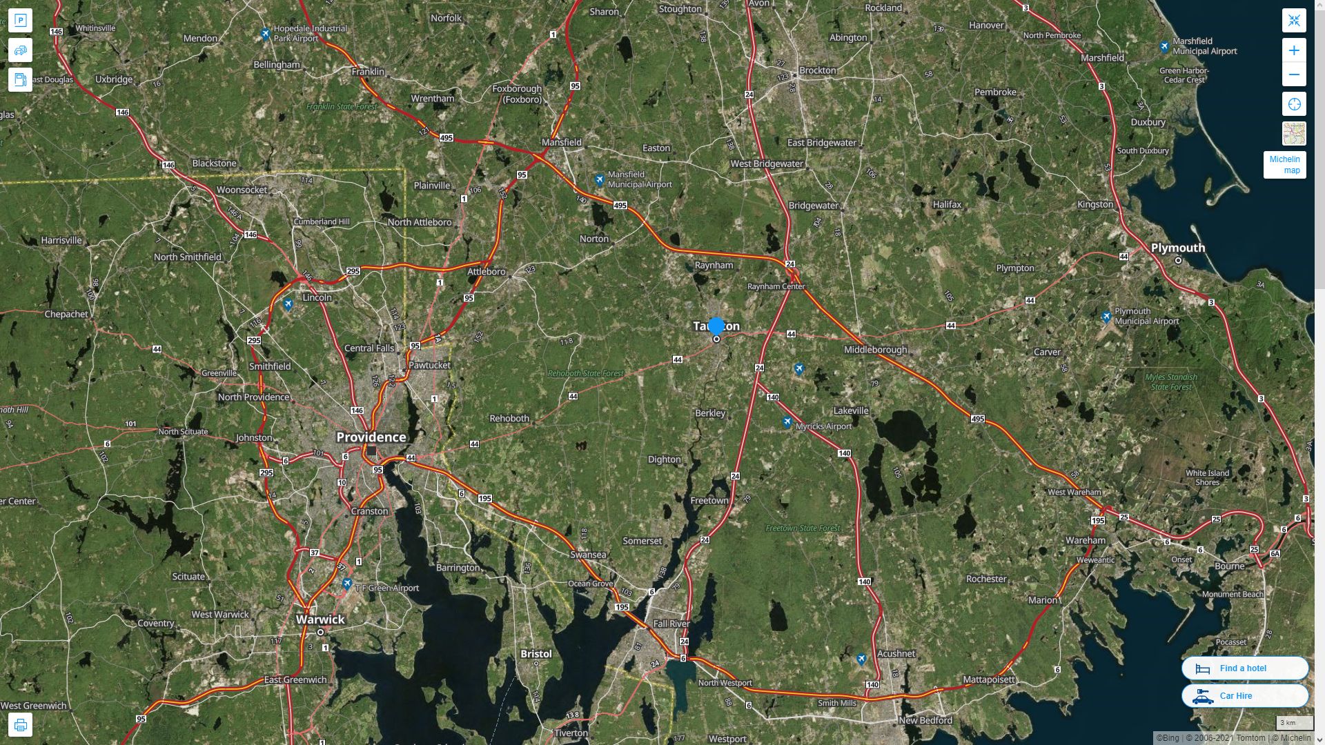 Taunton Massachusetts Highway and Road Map with Satellite View